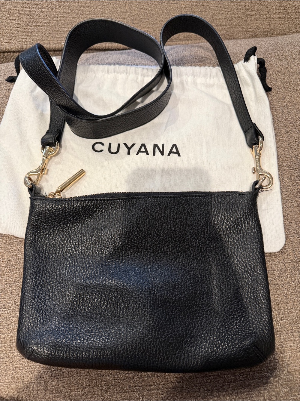 Cuyana Black Pebbled Leather Crossbody with Gold Hardware